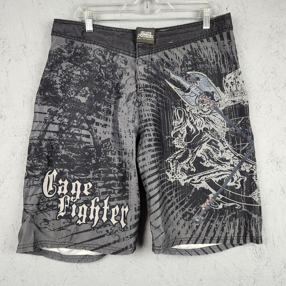 Cage Fighter MMA Authentic Shorts Mens 34 Black Graphic Fight Trunks Graphic